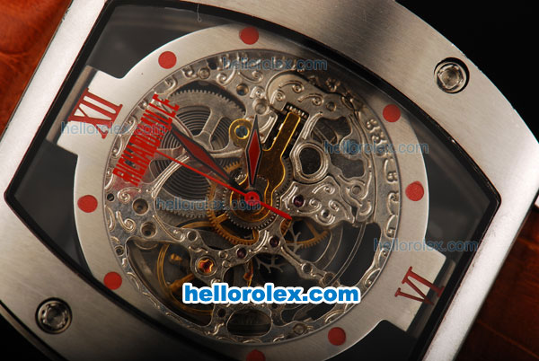 Richard Mille RM 007 Automatic Movement Steel Case with Red Dot Markers and Brown Leather Strap - Click Image to Close